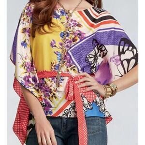 Cabi Kimono Top Size Small Red Silk Floral Blouse Tie Waist Artsy Bohemian Luxe